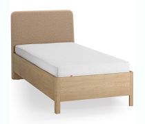 Einzelbett | Farbe: Eiche / Taupe | Eiche massiv | weich gepolsterte Kopfstütze | 90 x 200 cm | Gästebett | inkl. Lattenrost | dezent abgerundete Form