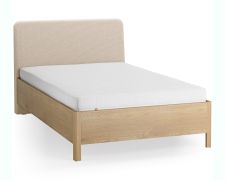 Einzelbett | Eiche massiv | Farbe: Eiche / Beige | weich gepolsterte Kopfstütze | 90 x 200 cm | dezent abgerundete Form | Gästebett | inkl. Lattenrost