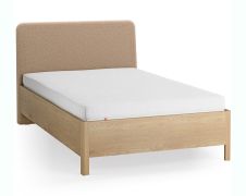 Einzelbett | Eiche massiv | Farbe: Eiche / Taupe | weich gepolsterte Kopfstütze | 90 x 200 cm | dezent abgerundete Form | Gästebett | inkl. Lattenrost