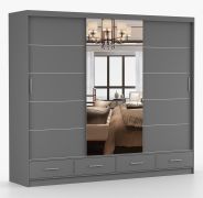 Kleiderschrank / Schiebetürenschrank 2,5 Meter breit | Lusatian 35 | Grau | mit Spiegel | 7 Fächer | 4 Schubladen | 3 Türen | 218 x 250 x 61 cm
