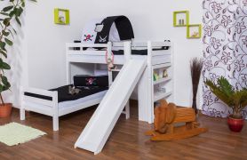 Etagenbett Buche Vollholz weiß mit Regal und Rutsche, inkl. Rollrost 90x200 cm, teilbar