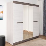 Drehtürenschrank / Kleiderschrank Knoxville 28, Farbe: Kiefer Weiß / Grau - Abmessungen: 202 x 183 x 65 cm (H x B x T), mit 4 Türen, 3 Schubladen und 5 Fächern