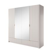 Kleiderschrank mit 2 Spiegeltüren Sloughia 16, ABS-Kantenschutz, Farbe: Beige, Maße: 208 x 213 x 55 cm, 2 Schubladen, 1 Kleiderstange, modernes Lamellen-Design