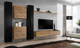 Wohnwand mit fünf Türen, Farbe: Schwarz Hochglanz / Eiche Wotan - Abmessungen: 180 x 330 x 40 cm (H x B x T), mit Push-to-open System