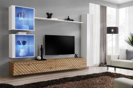 Elegante Wohnwand, Farbe: Eiche Wotan / Weiß Hochglanz - Abmessungen: 180 x 280 x 40 cm (H x B x T), mit LED-Beleuchtung