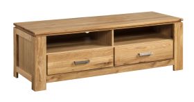 TV-Unterschrank / TV-Möbel mit zwei Schubladen Balsa 06, sehr Stabil, Natur, Saug- und Wischroboter kompatibel, Eiche teilmassiv, geölt / gewachst, 50 x 145 x 58 cm, zwei offene Fächer