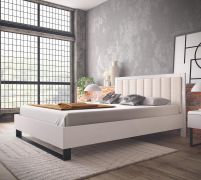 Doppelbett | Kiefer massiv | 160 x 200 cm | Farbe: Weiß / Beige | weich gepolsterte Kopfstütze | inkl. Lattenrost | Metallfuß | Gästebett