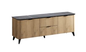 TV-Unterschrank | 2 Schubladen | ABS-Kantenschutz | 2 Fächer | 2 Türen | 163 x 41,5 x 56,5 cm | Griffe aus Metall | Eiche Cremona / Schwarzer Marmor