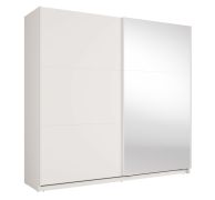 Schiebetürenschrank | 6 Fächer | mit Spiegel | 1 Kleiderstange | Weiß | 221 x 60 x 207 cm | Metallgriffe | Soft-Close-System | Igoumenitsa 01 | 2 Schiebetüren