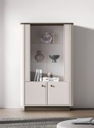 Vitrine | klein | 4 Türen | Farbe: Kaschmir / Eiche Windmill dunkel | Soft-Close-Funktion | Maße: 92 x 40 x 150 cm | 4 Fächer | für Wohnzimmer