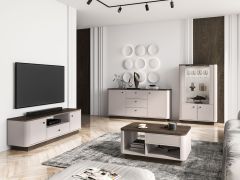 Wohnzimmer Komplett Set | 5-teilig | Farbe: Kaschmir / Eiche Windmill dunkel | Soft-Close-Funktion | 1 Vitrine | 1 Couchtisch | 1 TV-Unterschrank | 1 Sideboard | inkl. LED-Beleuchtung