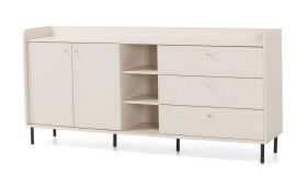 Kommode | 3 Schubladen | Farbe: Beige mit Holzstruktur | 5 Fächer | Maße: 193,5 x 42 x 91 cm | 2 Drehtüren | Beine & Griffe: Metall | Sideboard