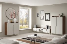 Wohnzimmer Set C | 3-teilig | Farbe: Kaschmir / Alba-Walnuss | Push-to-open Funktion | Beine aus Metall | 1 TV-Unterschrank | 1 Highboard | 1 Kommode