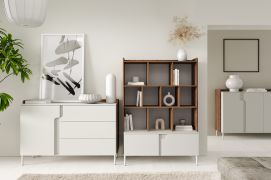 Wohnzimmer Set D | 3-teilig | Farbe: Kaschmir / Alba-Walnuss | Push-to-open Funktion | Beine aus Metall | 1 Regal | 1 langes Sideboard | 1 kurzes Sideboard