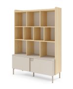 Regal | Farbe: Eiche Mavelie / Macadamia | Bücherregal | 1 Drehtür | 1 Schublade | 10 Fächer | 113 x 42 x 160 cm | Beine: Metall | Push-to-open Funktion