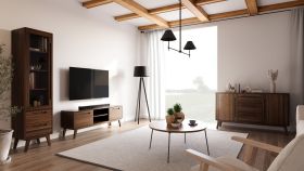 Wohnzimmer - Set K Engordany | 3-teilig | Farbe: Walnuss | Buche Vollholz massiv | lackiert | 1 Kommode | 1 TV-Schrank | 1 Vitrine