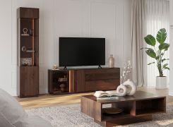 Wohnzimmer Komplett - Set C Sienne, 3-teilig, Massivholz Wildeiche, in Tabacco geölt, Push-to-open Funktion, inkl. LED-Beleuchtung, getöntes Glas
