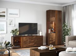 Wohnzimmer Komplett - Set D Sienne, 3-teilig, Massivholz Wildeiche, getöntes Glas, in Tabacco geölt, Push-to-open Funktion, inkl. LED-Beleuchtung