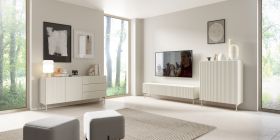 Wohnzimmer - Set A Goulette | 3-teilig | Farbe: Kaschmir | geriffelte Front | Push-to-open Funktion | ABS-Schutzkanten | 1 TV-Schrank | 2 Kommoden