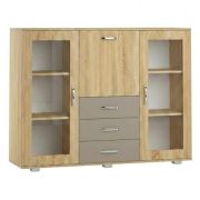 Vitrine Ciomas 02, Farbe: Sonoma Eiche / Grau - Abmessungen: 104 x 135 x 40 cm (H x B x T)