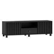 TV-Unterschrank in Schwarz, 43 x 140 x 50 cm, mit 2 Türen, 1 Schublade und 3 Fächern, Soft Close System, ABS-Kanten, Metallbeine