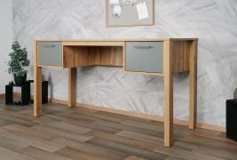 Schreibtisch Braianik 17 in Eiche Wotan / Grün, 75 x 138 x 53 cm, mit 2 praktischen Schubladen, Griffe aus Metall, ABS Kantenschutz, Büro, Wohnzimmer