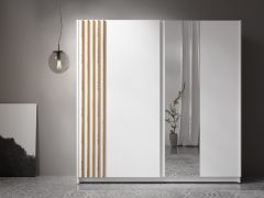 Schiebetürenschrank | Spiegel | Farbe: Weiß | Eiche Artisan Deko-Lamellen | Kleiderschrank | Maße: 200,5 x 62 x 198,5 cm | 1 Kleiderstange | 5 Fächer