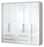 Drehtürenschrank / Kleiderschrank mit Rahmen Siumu 32, Farbe: Weiß / Weiß Hochglanz - 226 x 232 x 60 cm (H x B x T)