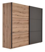 Schiebetürenschrank / Kleiderschrank Sabadell 23, Farbe: Eiche / Grau - Abmessungen: 222 x 269 x 64 cm (H x B x T)
