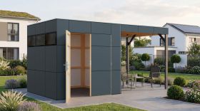 Gartenhaus Lounge Frankfurt 01 mit Dachanbau | Schleppdach | Grundfläche 10,5 m² | Grau / Anthrazit | Elementgartenhaus | HPL-Fassadenplatten