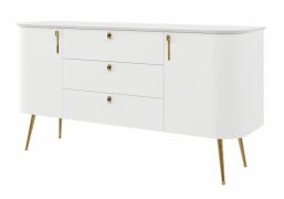 Kommode | Weiß matt | 158 x 47 x 82 cm | Palauli 03 | 3 Schubladen | 2 Türen | Soft Close System | abgerundete Fronten | Metallbeine | Metallgriffe in Gold