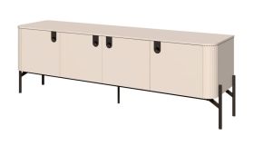 TV-Unterschrank mit Soft-Close-System | Kaschmir | 60 x 180 x 46 cm | 4 Türen | 3 Fächer | dekorative Relief-Streifen | Metallgriffe