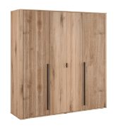 Eleganter Kleiderschrank mit 4 Drehtüren in Eiche, teilweise gerillt, 209 x 200 x 57 cm, 6 Fächer und 3 Kleiderstangen, schwarze längliche Griffe