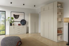 Schlafzimmer Set D Edegem | 6-teilig | Farbe: Kaschmir | Kleiderschränke | Drehtürenschränke | Regale | Schrankaufsätze | Kommode