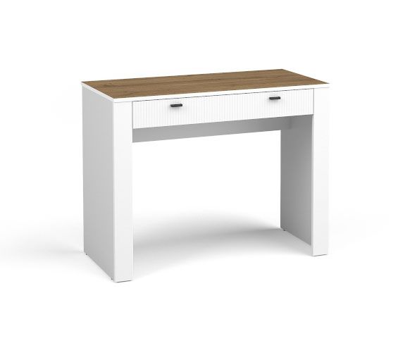 Schlichter Schreibtisch mit einer Schublade Barbe 28, Farbe: Weiß matt / Eiche, Maße: 79 x 102 x 50 cm, Griffe: Schwarz, ansprechende Optik und modernes Design