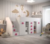 Funktionsbett / Kinderbett / Hochbett-Kombination, Treppe: Links, Jura 76, Farbe: Weiß / Pink - Abmessungen: 123 x 248,5 x 93 cm (H x B x T)