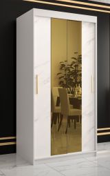 Außergewöhnlicher Kleiderschrank mit Marmor Optik Hochfeiler 27, Farbe: Weiß / Weißer Marmor - Abmessungen: 200 x 100 x 62 cm (H x B x T), mit zwei Spiegel und zwei Kleiderstangen