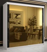 Eleganter Kleiderschrank mit Marmor Optik Hochfeiler 89, Farbe: Weiß / Schwarzer Marmor - Abmessungen: 200 x 200 x 62 cm (H x B x T), mit 10 Fächern und zwei Spiegel