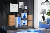 6-teiliges Set Hängeschränke / Hängevitrinen Volleberg 108, Farbe: Eiche Wotan / Weiß - Abmessungen: 80 x 150 x 25 cm (H x B x T), mit blauer LED-Beleuchtung