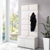 Garderobe 01 mit Sitzbank und Wand gepolstert, Weiß/Cream, 215 x 100 x 40 cm, Schuhschrank für 8 Paar Schuhe, 6 Kleiderhaken, 4 Fächer