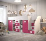 Funktionsbett / Kinderbett / Hochbett-Kombination, Treppe: Rechts, Jura 71, Farbe: Weiß / Pink - Abmessungen: 123 x 248,5 x 93 cm (H x B x T)
