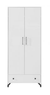 Jugendzimmer - Drehtürenschrank / Kleiderschrank Tellin 01, Farbe: Weiß / Weiß Hochglanz - Abmessungen: 190 x 80 x 50 cm (H x B x T)