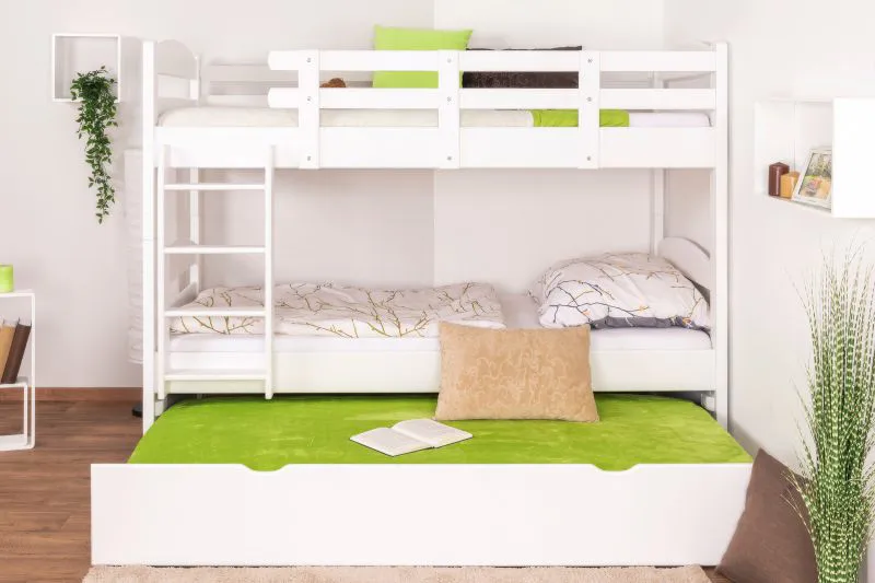 Etagenbett für Erwachsene "Easy Premium Line" K21/h inkl. Liegeplatz und 2 Abdeckblenden, Kopf- und Fußteil gerundet, Buche Vollholz massiv Weiß - Liegefläche: 90 x 200 cm, teilbar