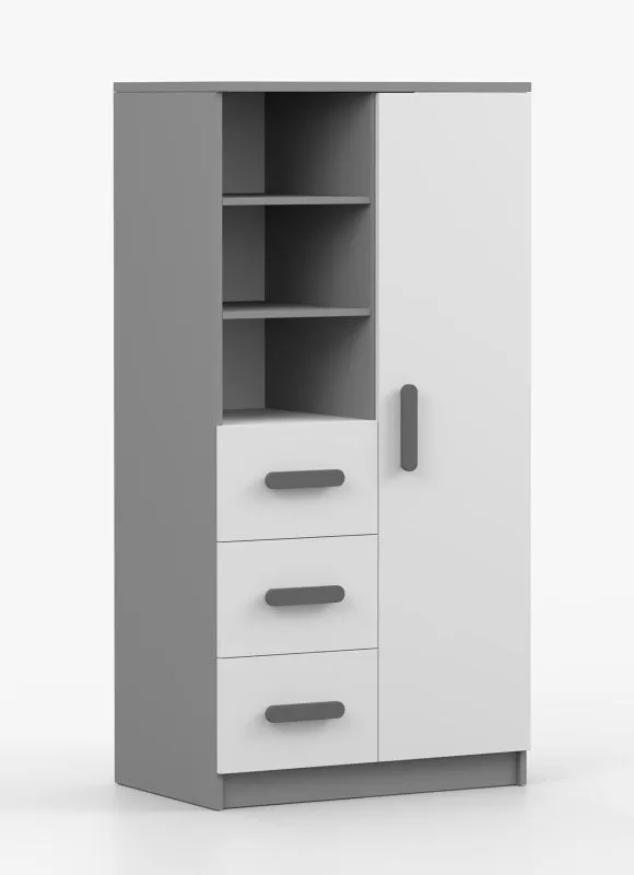 Bücherregal 80 cm breit | Weiß / Grau | Smolikas 40 | 3 Schubladen | 159 x 80 x 40 cm | 7 Fächer | graue Holzgriffe | Kinder | Jugend