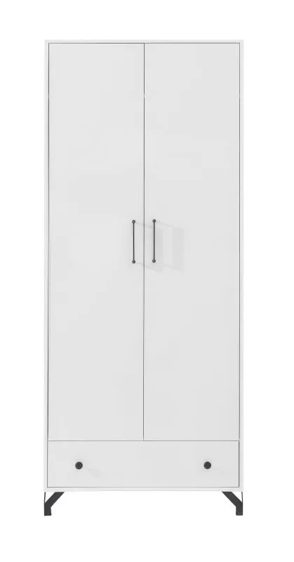 Jugendzimmer - Drehtürenschrank / Kleiderschrank Tellin 01, Farbe: Weiß / Weiß Hochglanz - Abmessungen: 190 x 80 x 50 cm (H x B x T)