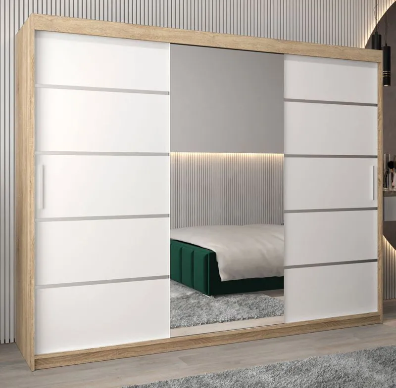 Großer 250 cm breiter Kleiderschrank mit 10 Fächern und 3 Türen | Farbe: Sonoma Eiche / Weiß Abbildung