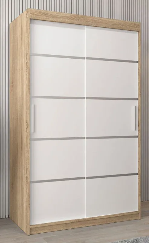 120 cm breiter Schiebetürenschrank mit 2 Türen | 5 Fächer | 2 Kleiderstangen | Farbe: Sonoma Eiche / Weiß Abbildung