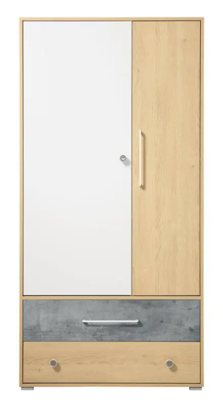 Jugendzimmer - Drehtürenschrank / Kleiderschrank Modave 01, Farbe: Eiche / Weiß / Grau - Abmessungen: 182 x 90 x 50 cm (H x B x T)