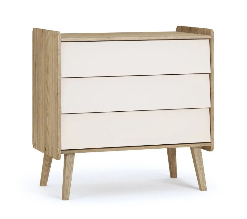Babyzimmer Kommode | Farbe: Beige / Eiche Cremona | 3 Schubladen | Maße: 90 x 51 x 89,5 cm | ABS-Kanten | Push-to-open Funktion | Kinderzimmer
