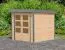 Gartenhaus aus Holz, Fichte natur, metallverstärkte Ecken, graualuminium Trapezblechdach, Zylinderschloss, Pultdach 2,09x2,13m, große Lichtausschnitte